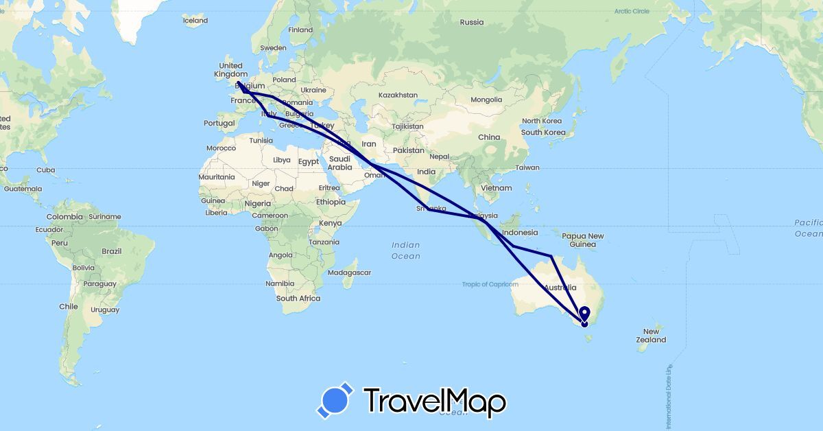 TravelMap itinerary: driving in United Arab Emirates, Austria, Australia, France, United Kingdom, Indonesia, Italy, Sri Lanka, Malaysia, Singapore, Turkey (Asia, Europe, Oceania)